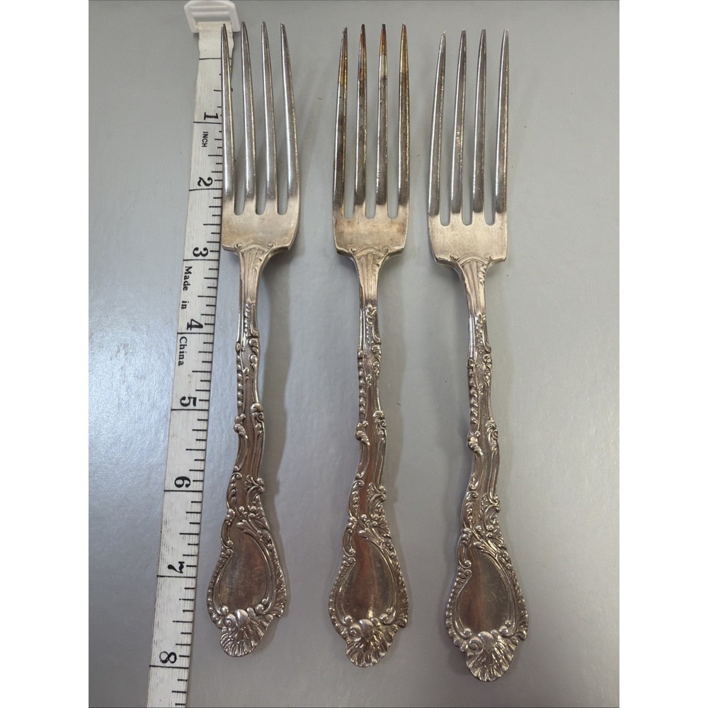 Old Gorham Silverplate 3 Dinner Forks MONO DCK reverse SAXONY heavy FLORAL SWIRL